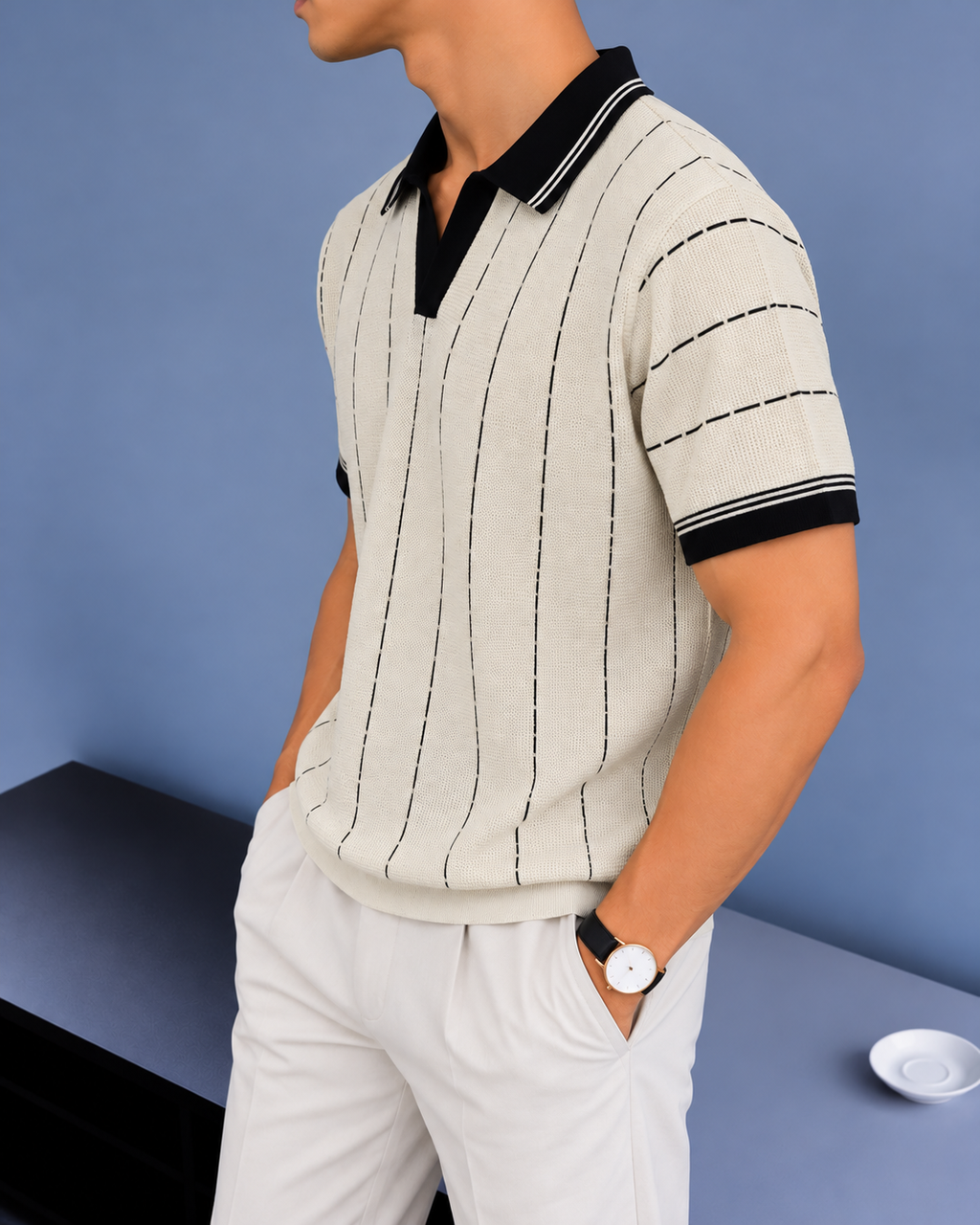 Vertical Stripe Knit Polo - Cream