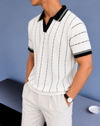 Vertical Stripe Knit Polo - White