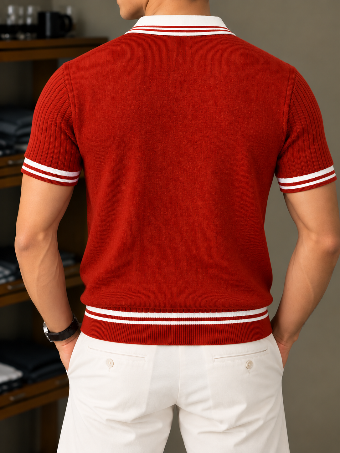 Ribbed Polo T Shirt - Brick Red
