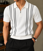 Vertical Black Stripe Zip Polo T Shirt - White