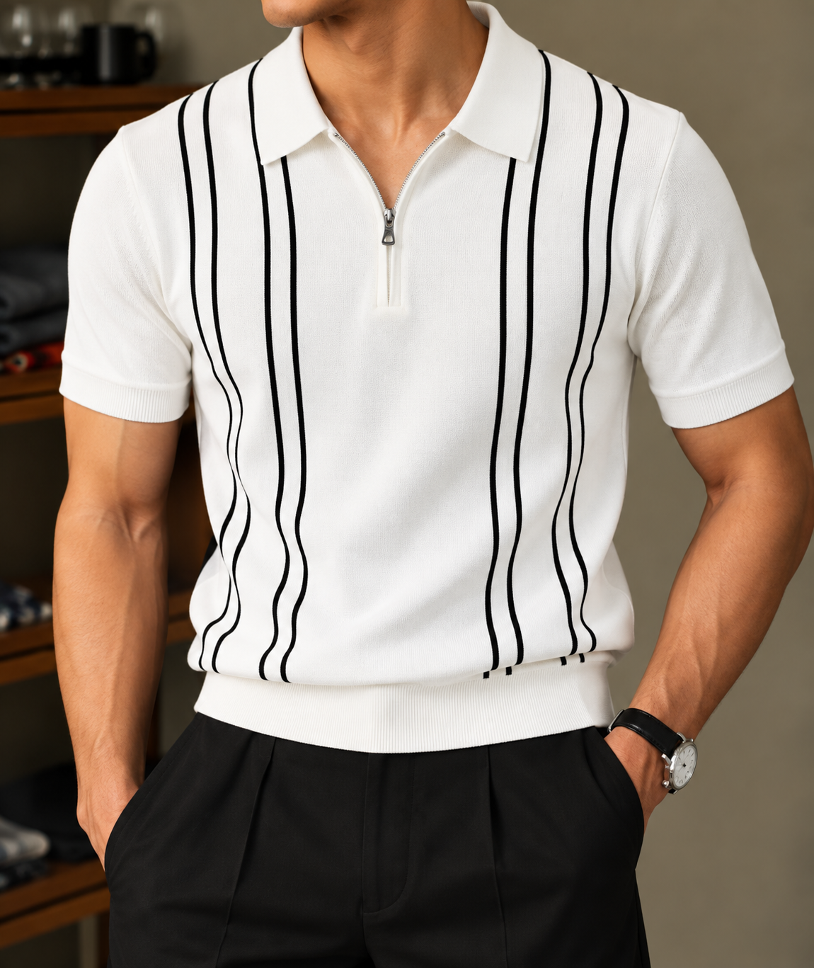 Vertical Black Stripe Zip Polo T Shirt - White