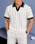 Vertical Stripe Knit Polo - White