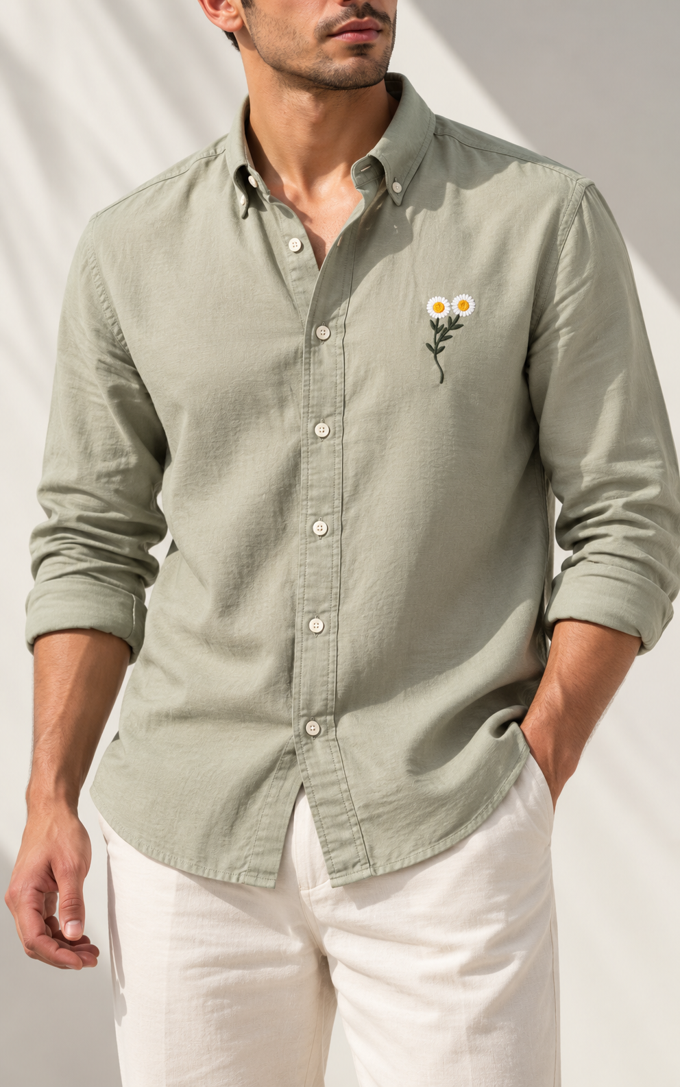 Daisy Embroidered Shirt - Sage Green