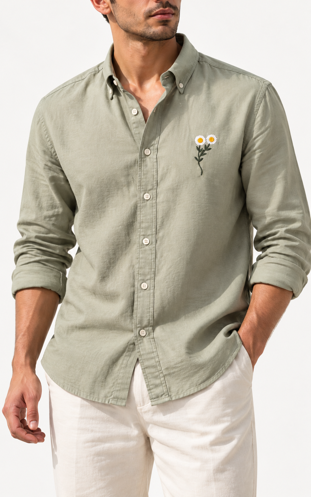 Daisy Embroidered Shirt - Sage Green