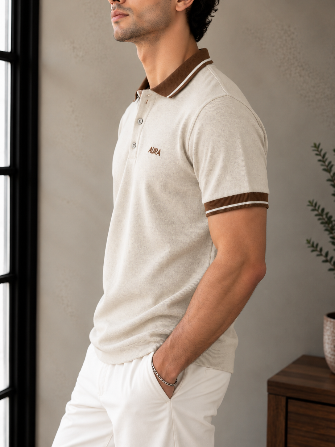 Textured Polo T Shirt - Beige