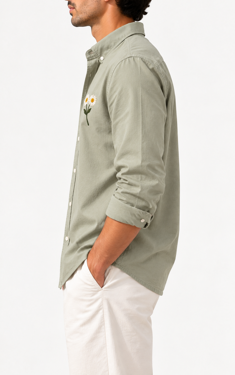 Daisy Embroidered Shirt - Sage Green