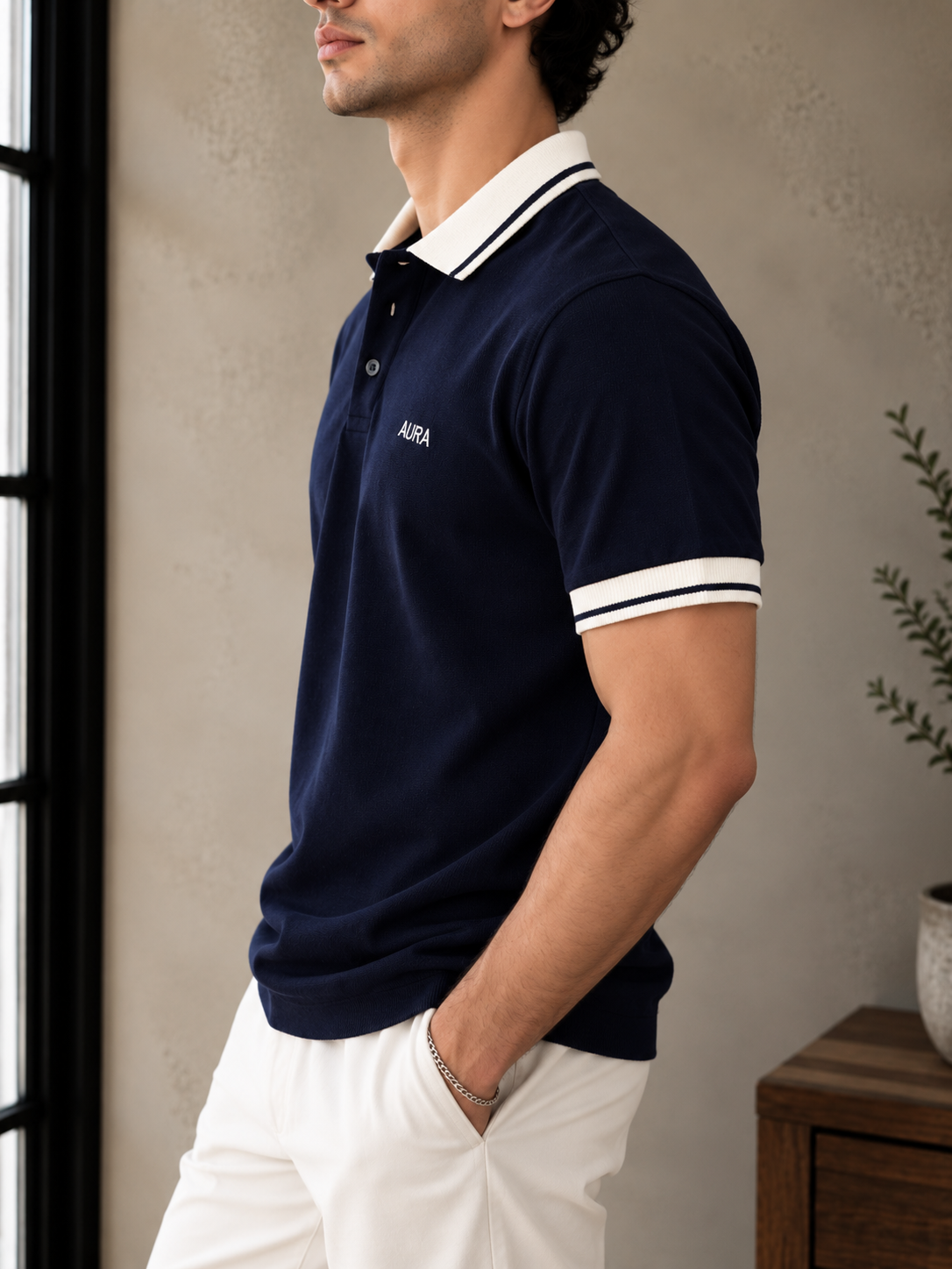 Textured Polo T Shirt - Navy Blue