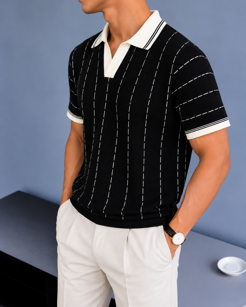 Vertical Stripe Knit Polo - Black