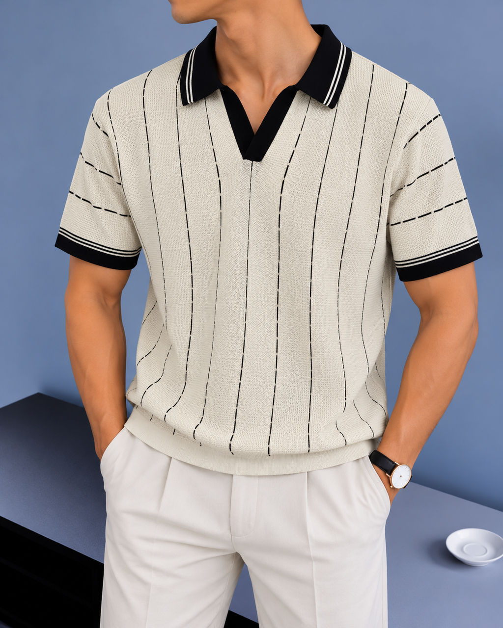 Vertical Stripe Knit Polo - Cream