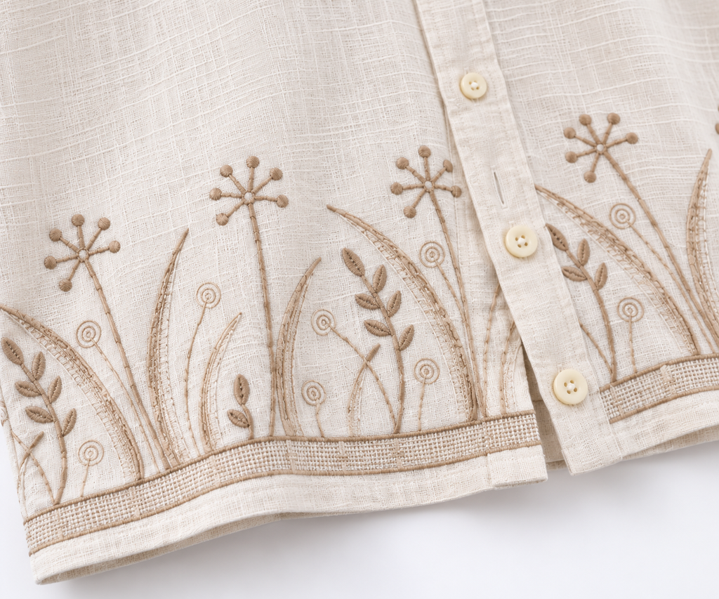 Botanical Embroidered Linen Shirt - Cream