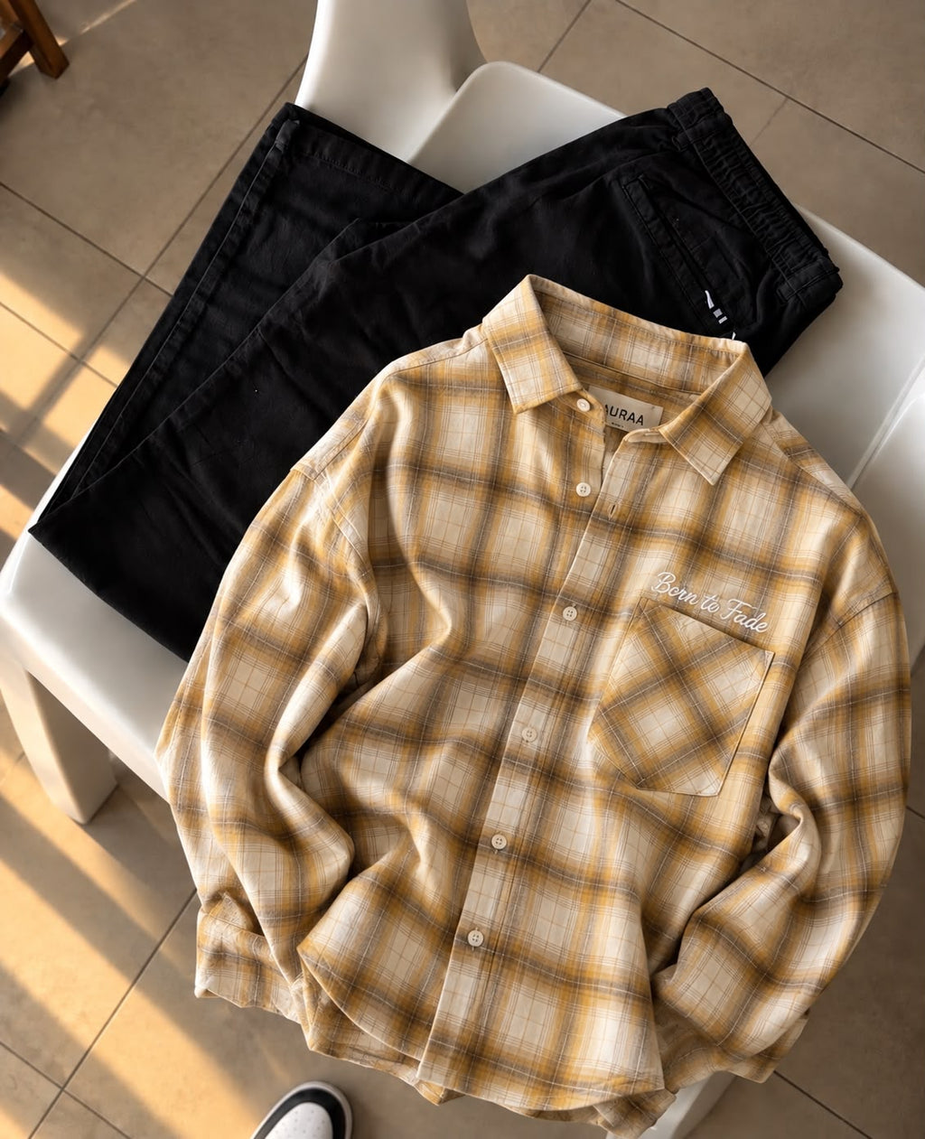 Born to Fade Plaid Flannel Shirt - Mustard Beige