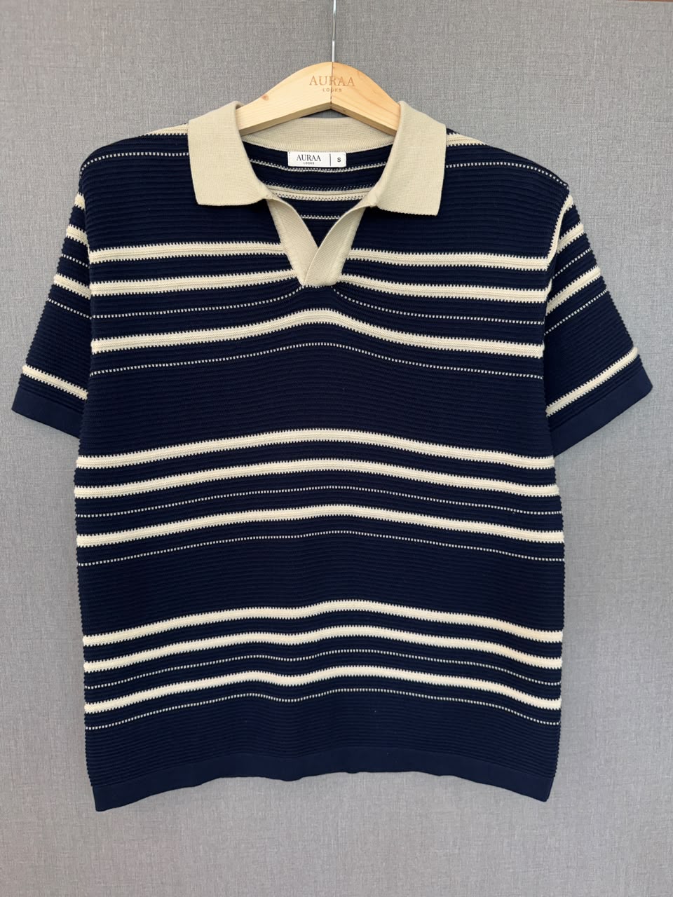 Striped Knit Polo - Navy Blue