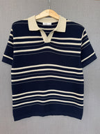 Striped Knit Polo - Navy Blue