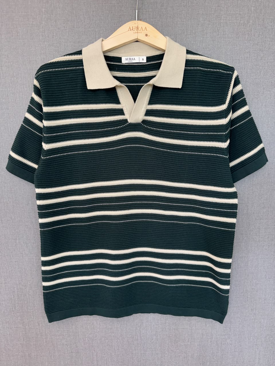 Striped Knit Polo - Forest Green