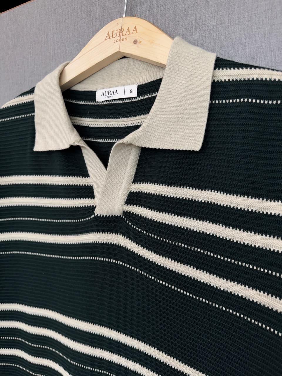 Striped Knit Polo - Forest Green