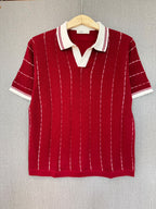 Vertical Stripe Knit Polo - Red