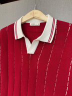 Vertical Stripe Knit Polo - Red