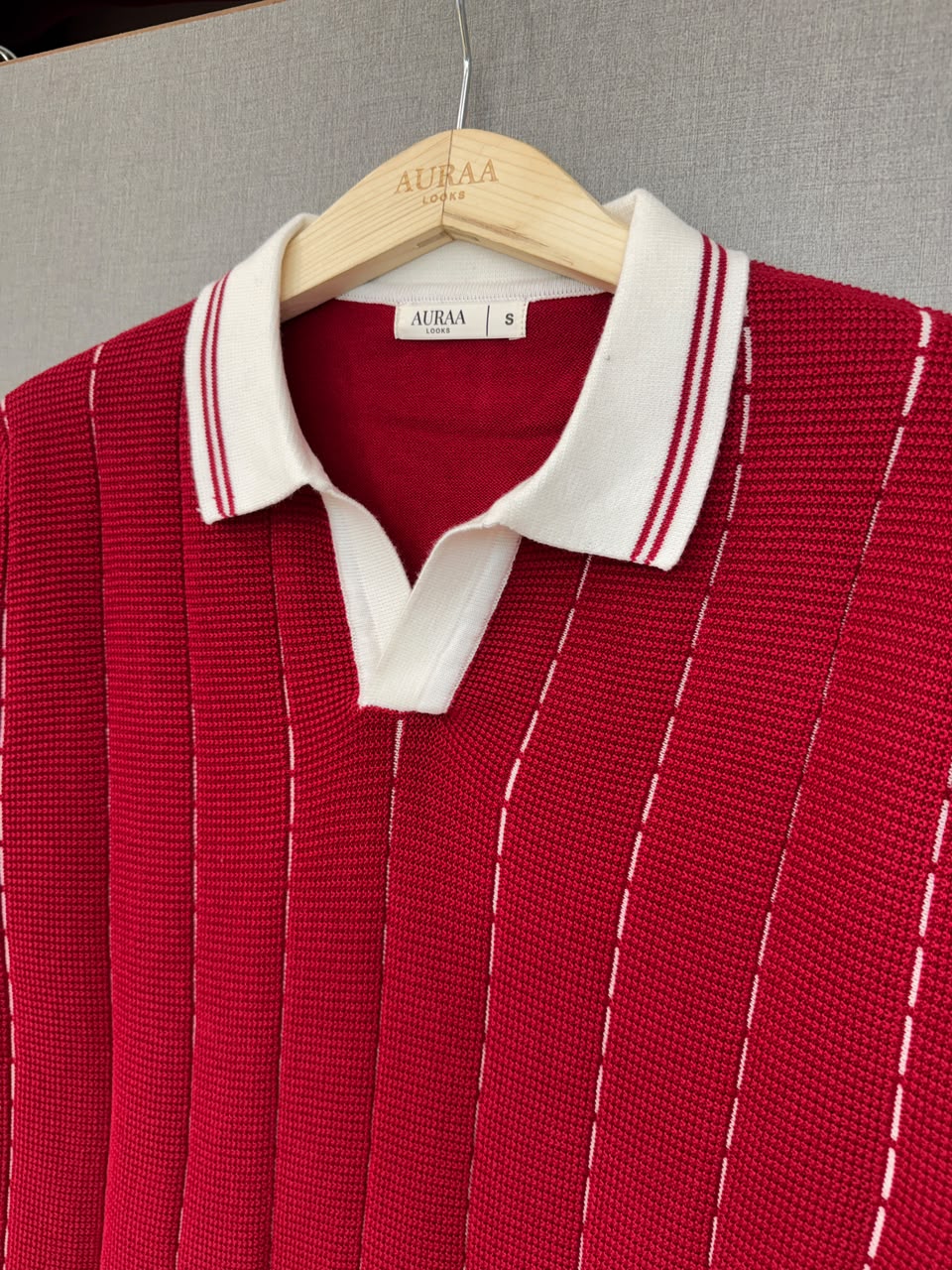Vertical Stripe Knit Polo - Red