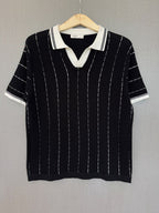 Vertical Stripe Knit Polo - Black