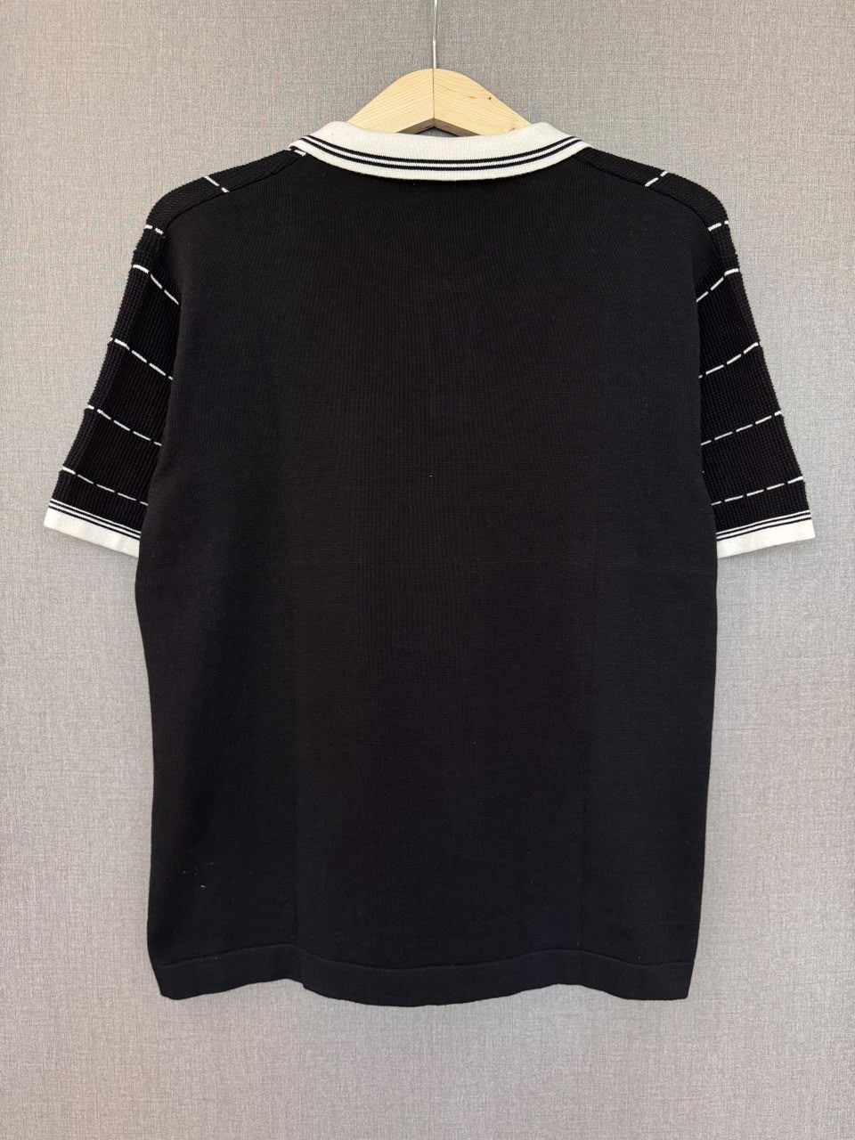 Vertical Stripe Knit Polo - Black