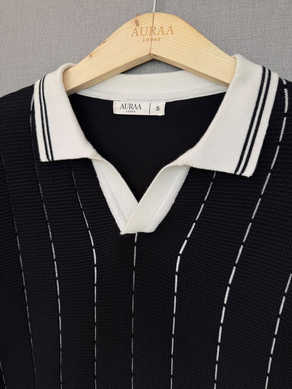 Vertical Stripe Knit Polo - Black