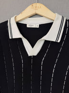 Vertical Stripe Knit Polo - Black