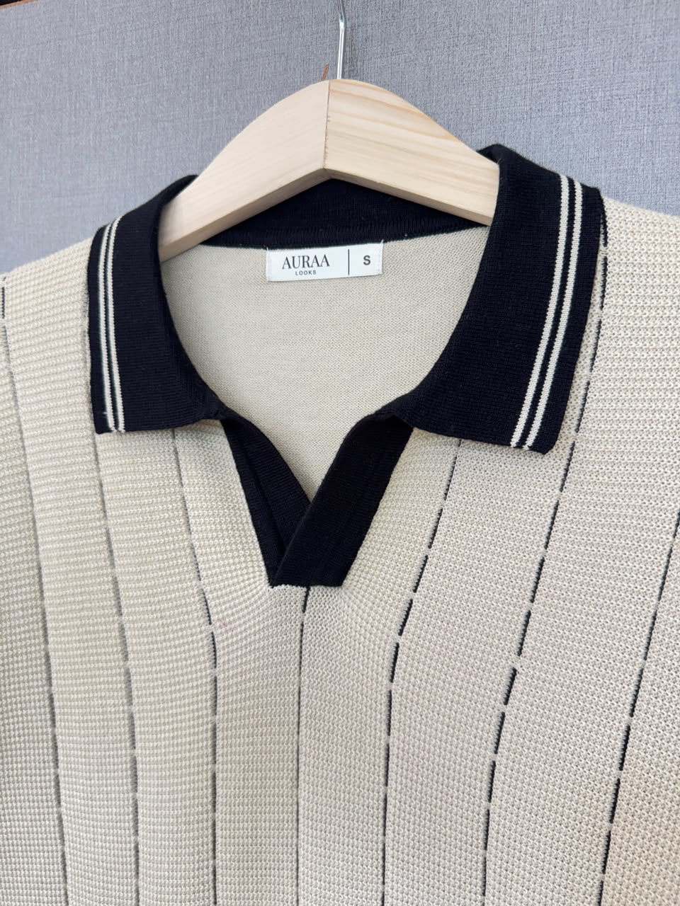 Vertical Stripe Knit Polo - Cream