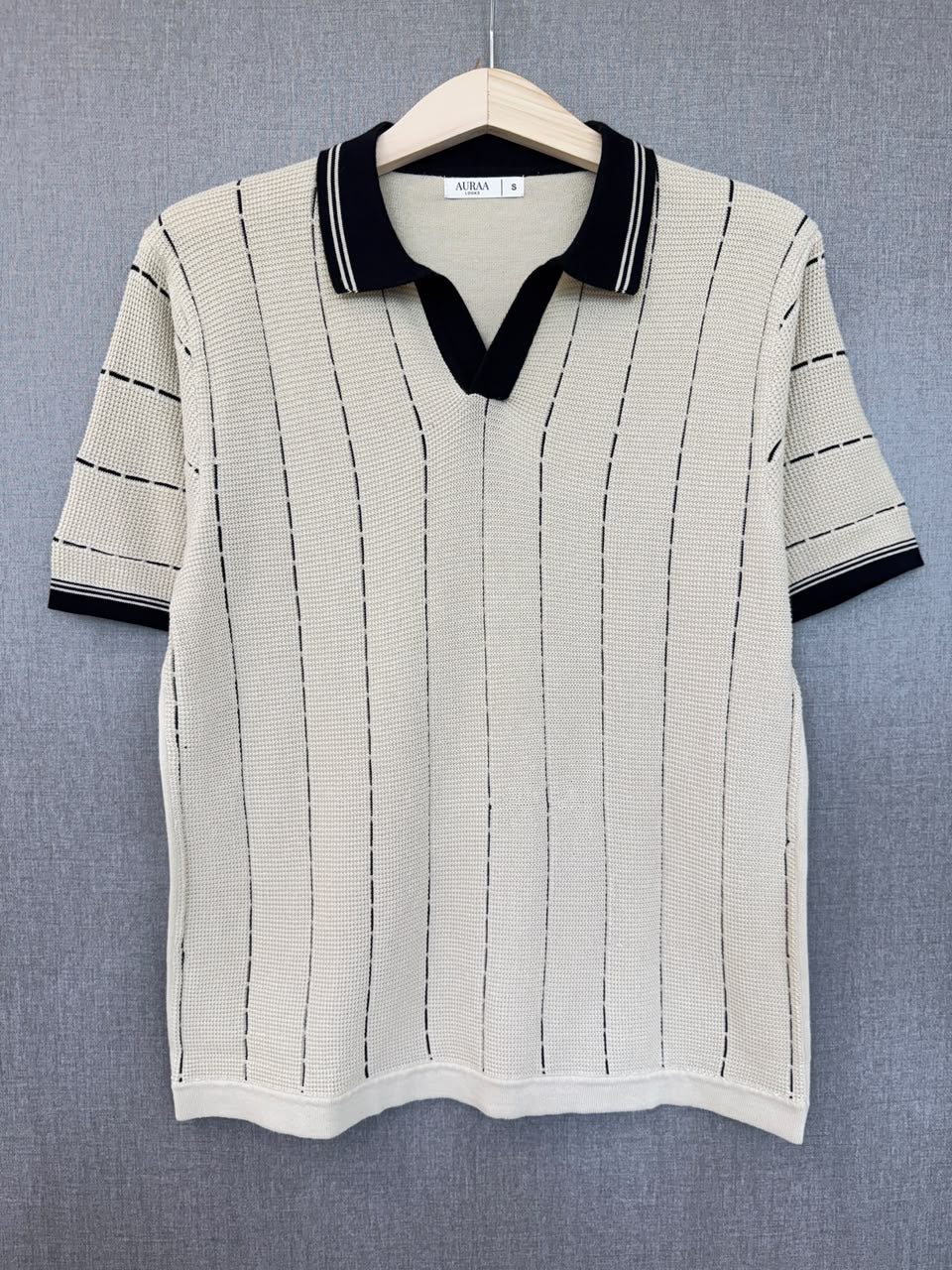 Vertical Stripe Knit Polo - Cream