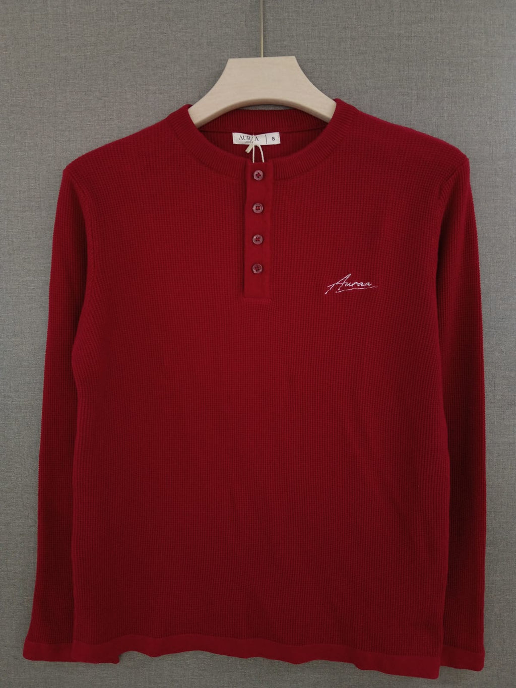 Waffle Knit Henley T-Shirt - Red