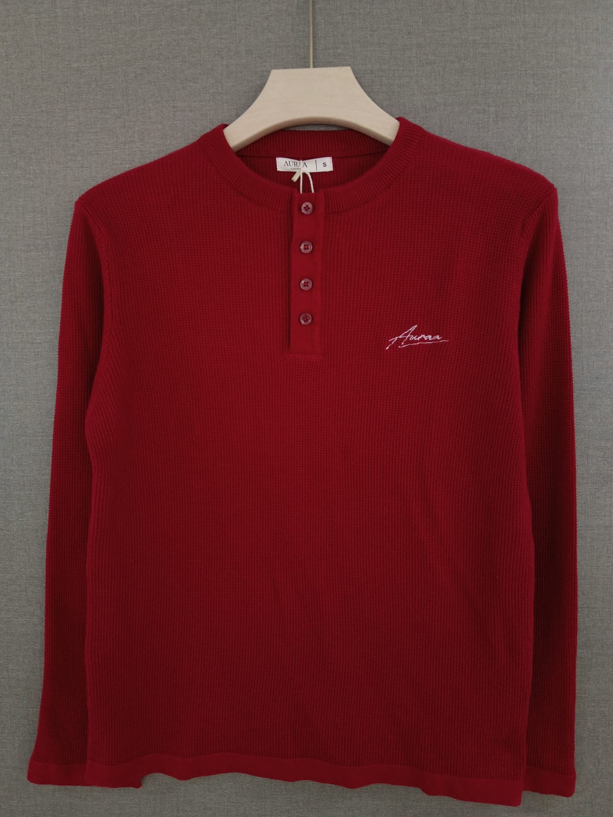 Waffle Knit Henley T-Shirt - Red