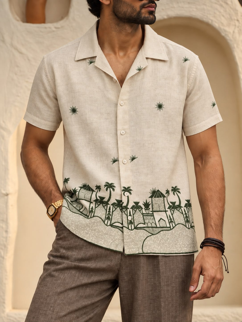Coastal Haven Printed Linen Shirt - Ivory